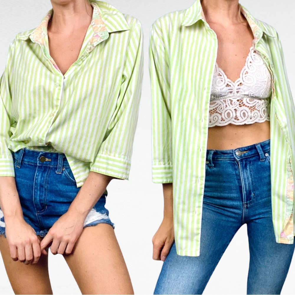 VINTAGE | ALIA Lime Green & White Nautical Stripe 3/4 Sleeve Button Down Shirt